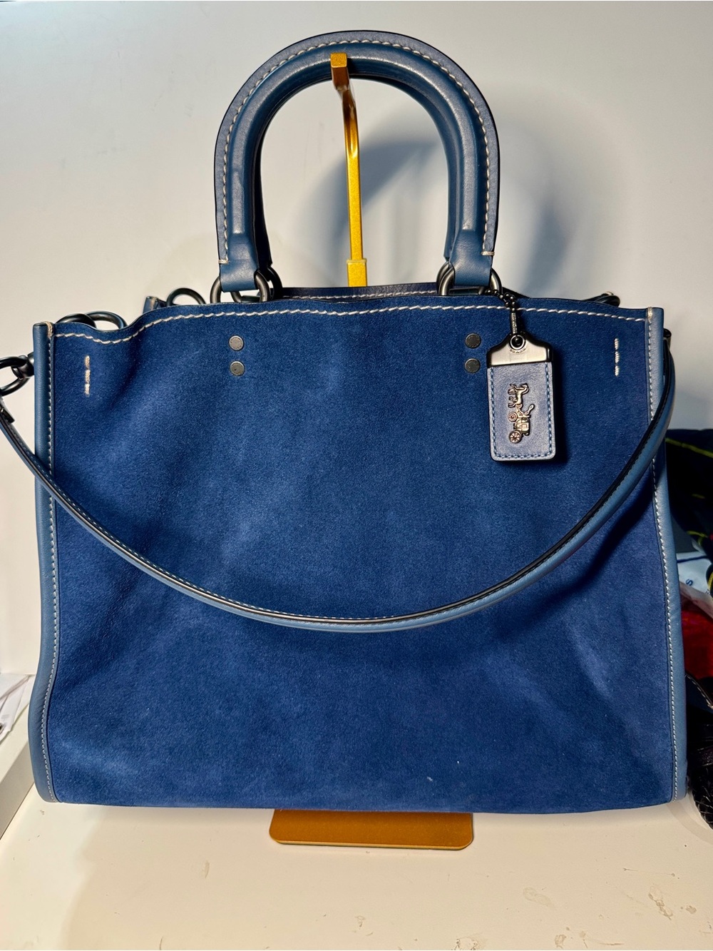 Coach Rogue 30  1941 Navy Blue Suede Satchel with Leather Trim